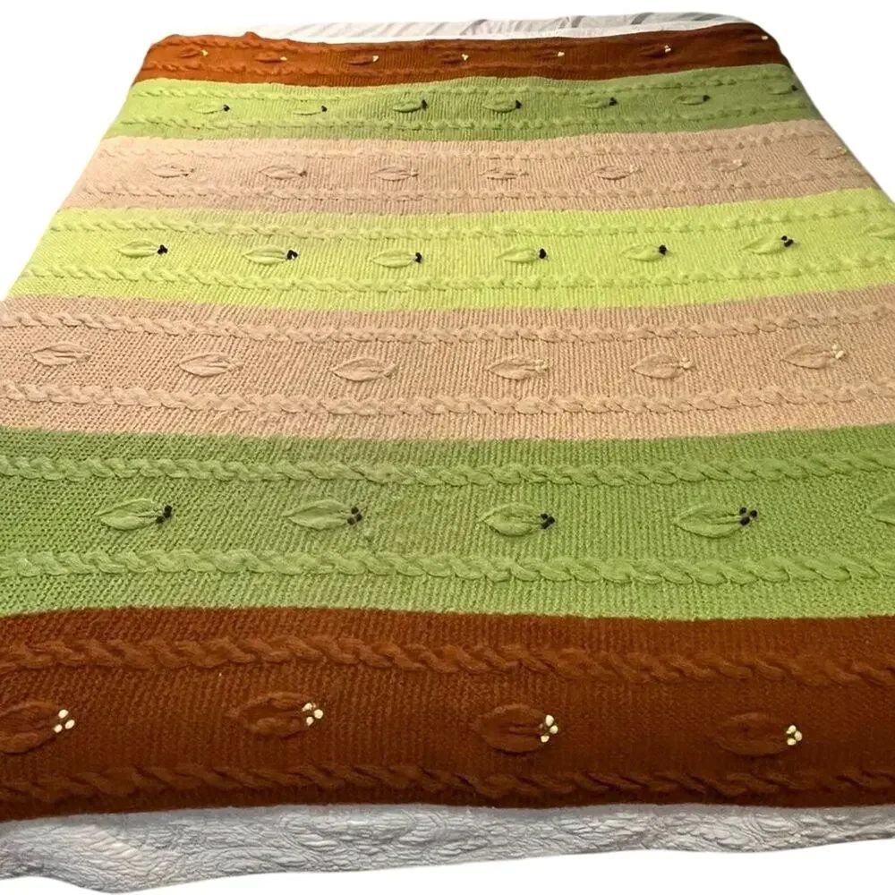 Vintage Blanket Bedspread Crochet Granny Cable Knit Multicolor Fall Cozy Hygge